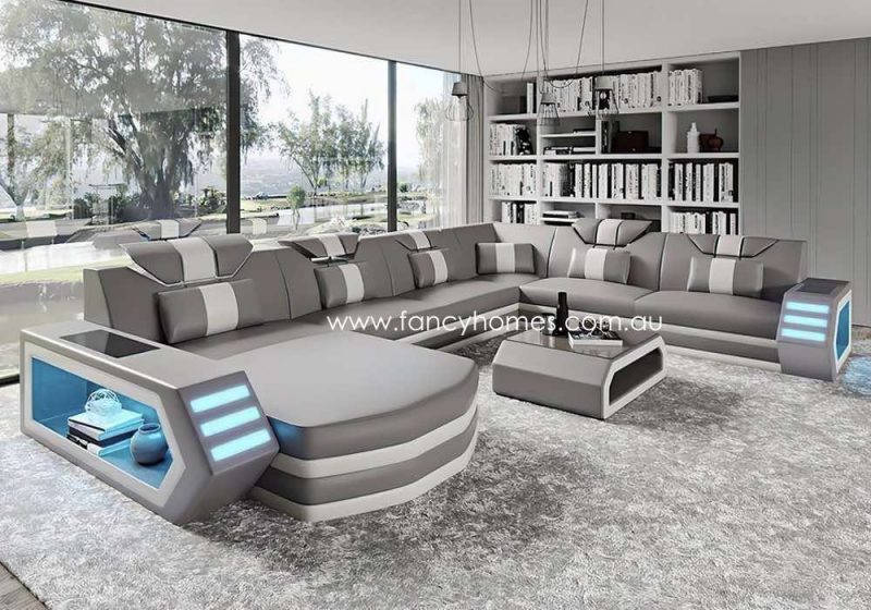 Fancy Homes Skylar Modular Leather Sofa Light Grey and White