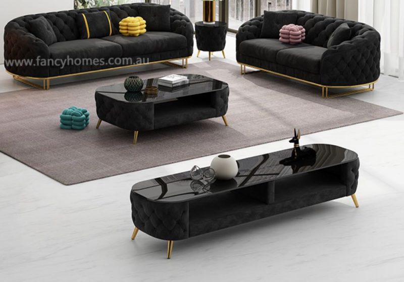 Fancy Homes Madilyn Fabric TV Unit and Coffee Table Black Velvet