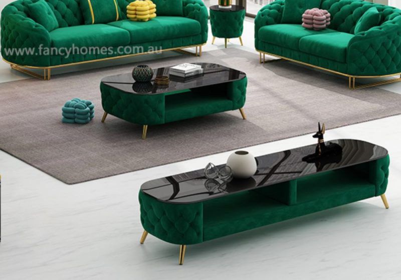 Fancy Homes Madilyn Fabric TV Unit and Coffee Table Green Velvet
