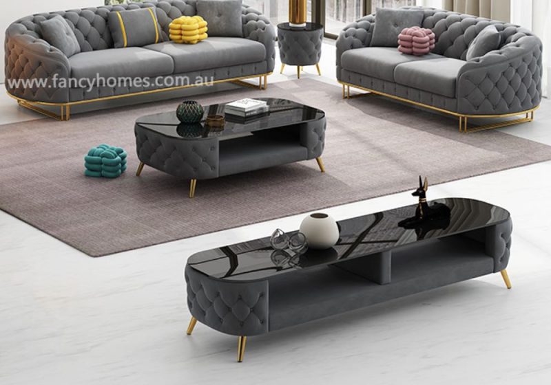Fancy Homes Madilyn Fabric TV Unit and Coffee Table Grey Velvet