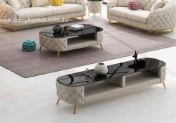 Fancy Homes Madilyn Fabric TV Unit and Coffee Table Off White Velvet