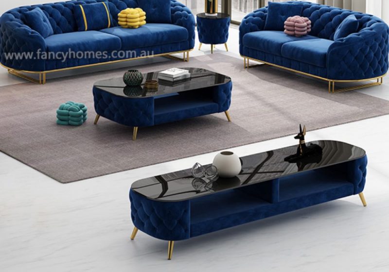Fancy Homes Madilyn Fabric TV Unit and Coffee Table Royal Blue Velvet