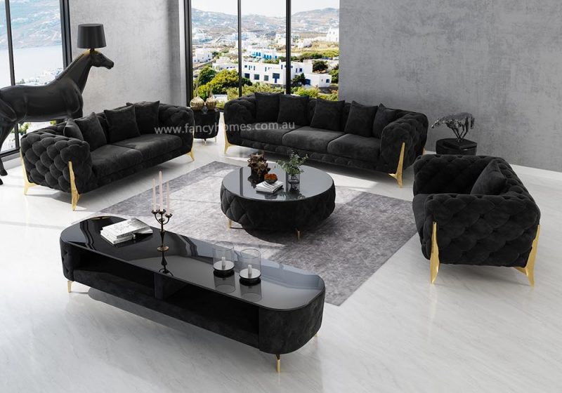 Fancy Homes Savanah Lounges Suites Fabric Sofa Black Velvet with Golden Legs