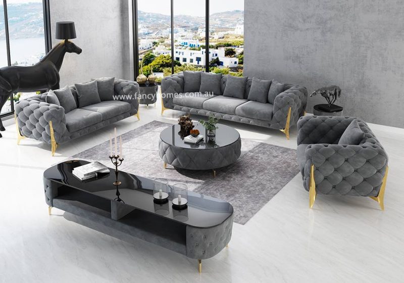 Fancy Homes Savanah Lounges Suites Fabric Sofa Grey Velvet with Golden Legs
