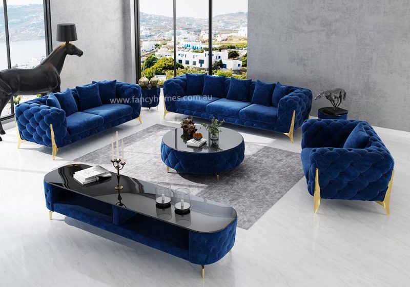 Fancy Homes Savanah Lounges Suites Fabric Sofa Royal Blue Velvet with Golden Legs
