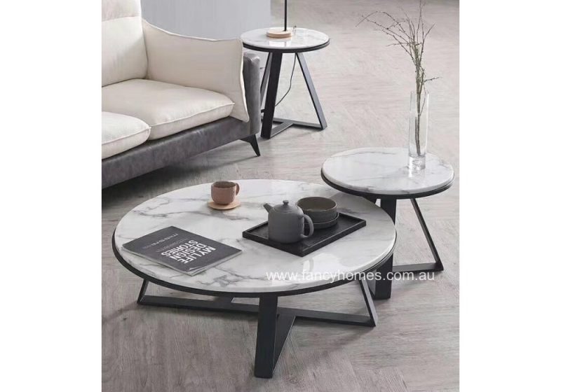 Fancy Homes Alaia Marble Top Coffee Table Set Black Base