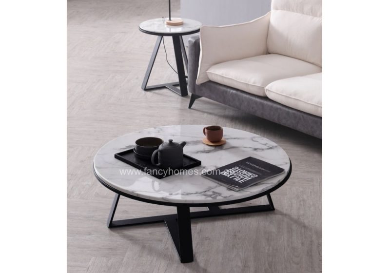 Fancy Homes Alaia Marble Top Coffee and Side Table Black Base