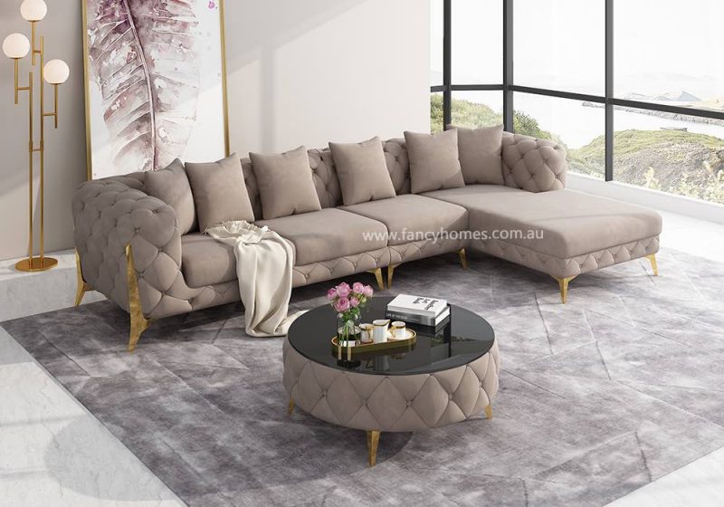 Fancy Homes Savanah-L Chesterfield Chaise Fabric Sofa Beige Velvet