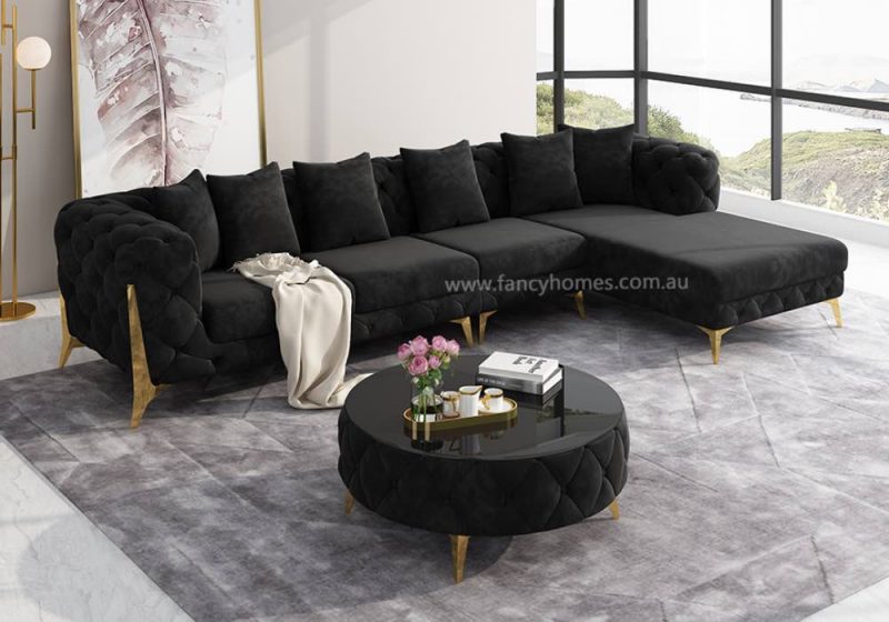 Fancy Homes Savanah-L Chesterfield Chaise Fabric Sofa Black Velvet
