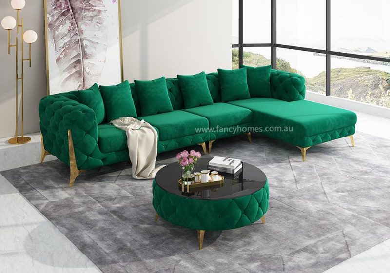 Fancy Homes Savanah-L Chesterfield Chaise Fabric Sofa Green Velvet