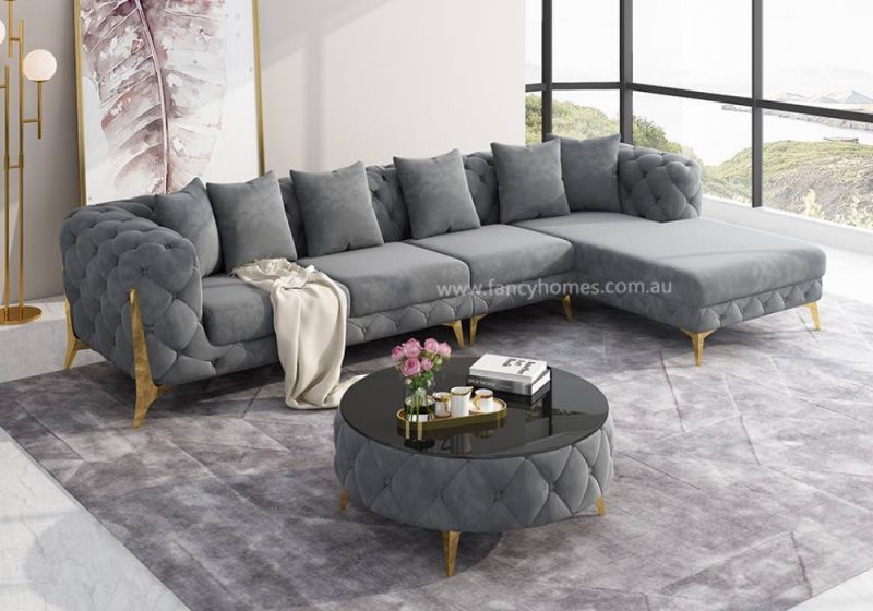 Fancy Homes Savanah-L Chesterfield Chaise Fabric Sofa Grey Velvet