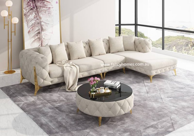 Fancy Homes Savanah-L Chesterfield Chaise Fabric Sofa Ivory Velvet