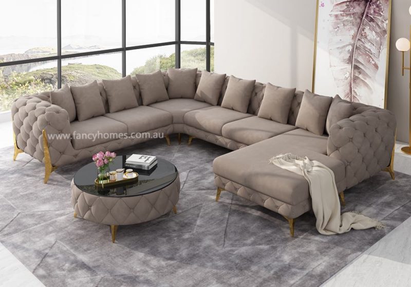 Fancy Homes Savanah-U Chesterfield Modular Fabric Sofa Beige Velvet