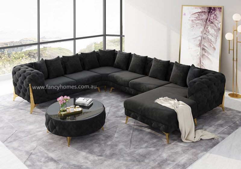 Fancy Homes Savanah-U Chesterfield Modular Fabric Sofa Black Velvet