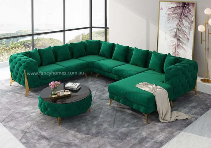 Fancy Homes Savanah-U Chesterfield Fabric Sofa Green Velvet