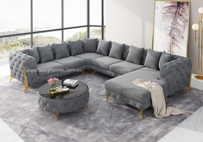 Fancy homes Savanah-U Chesterfield Modular Fabric Sofa Grey Velvet