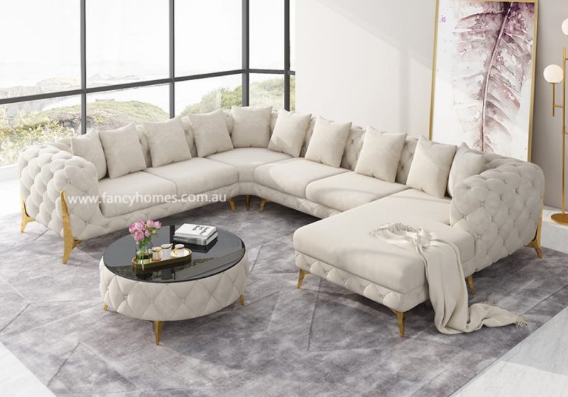 Fancy Homes Savanah-U Chesterfield Modular Fabric Sofa Ivory Velvet