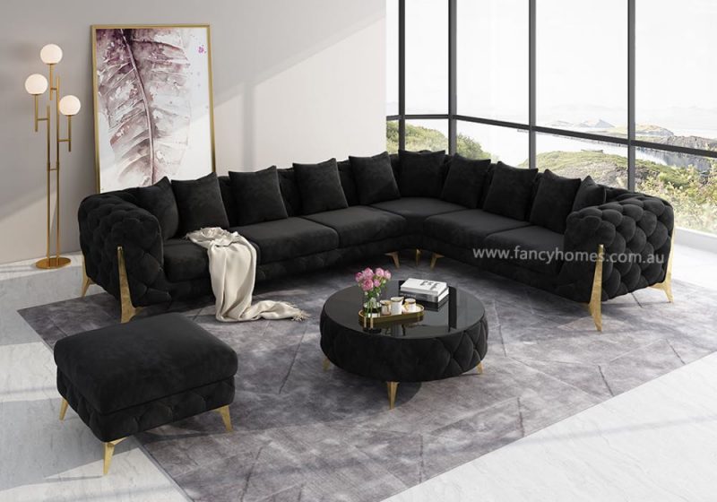 Fancy Homes Savanah-B Chesterfield Corner Fabric Sofa Black Velvet