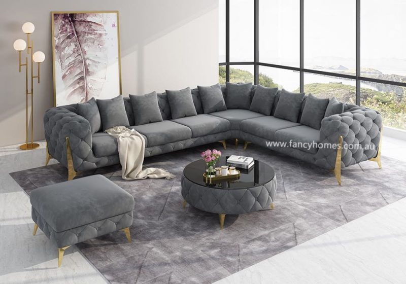 Fancy Homes Savanah-B Chesterfield Corner Fabric Sofa Grey Velvet