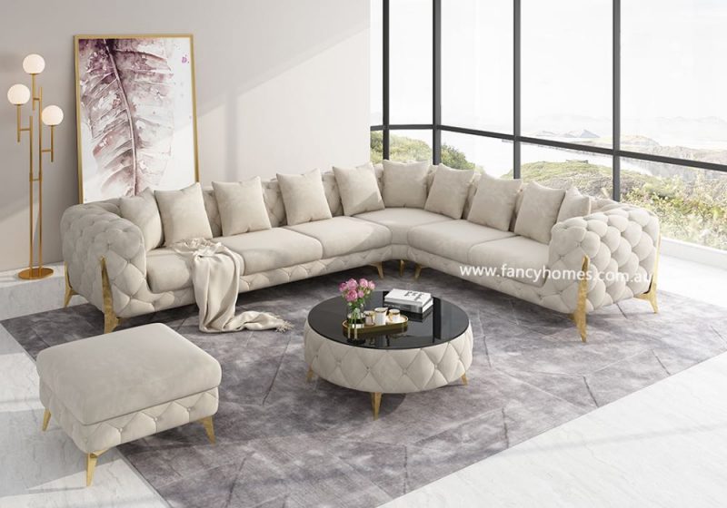 Fancy Homes Savanah-B Chesterfield Corner Fabric Sofa Ivory Velvet