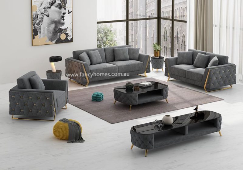 Fancy Homes Sienna Lounge Suites Fabric Sofa Grey Velvet