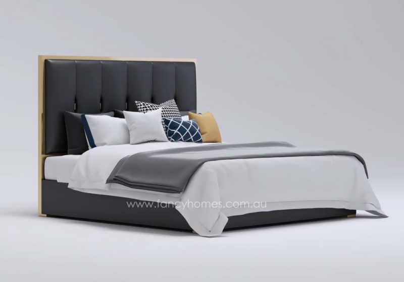 Fancy Homes Alexandar Contemporary Leather Bed Frame Leather Beds Online Gold Trim on Bed Head in Queen and King Size