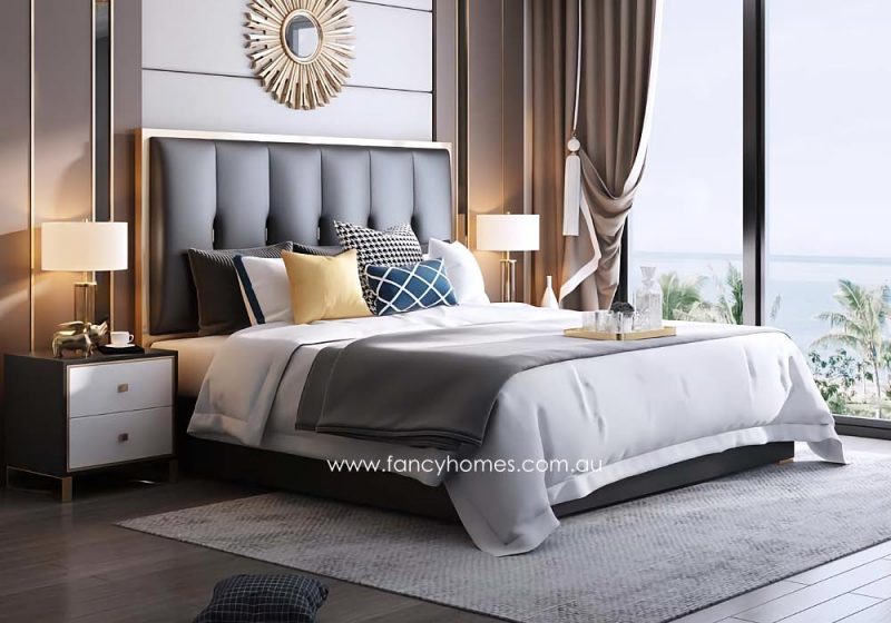 Fancy Homes Alexandar Contemporary Leather Bed Leather Beds Online Gold Trim on Bed Head in Queen and King Size