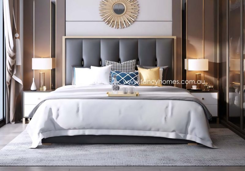 Fancy Homes Alexandar Contemporary Leather Bed Front Leather Beds Online Gold Trim on Bed Head in Queen and King Size
