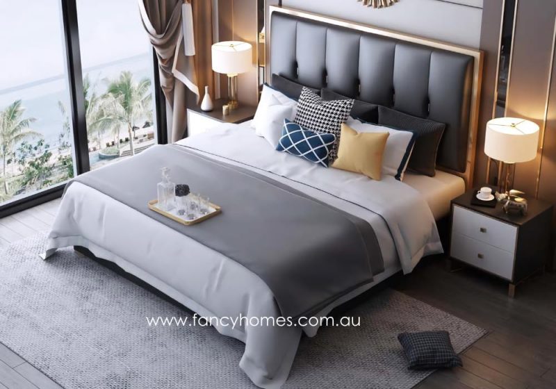 Fancy Homes Alexandar Contemporary Leather Bed Leather Beds Online Gold Trim on Bed Head in Queen and King Bed