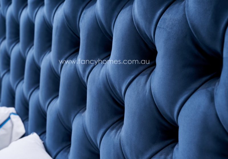 Fancy Homes Jacqueline Contemporary Fabric Bed Frame Fabric Beds Online in Blue Colour Chesterfield Button Details