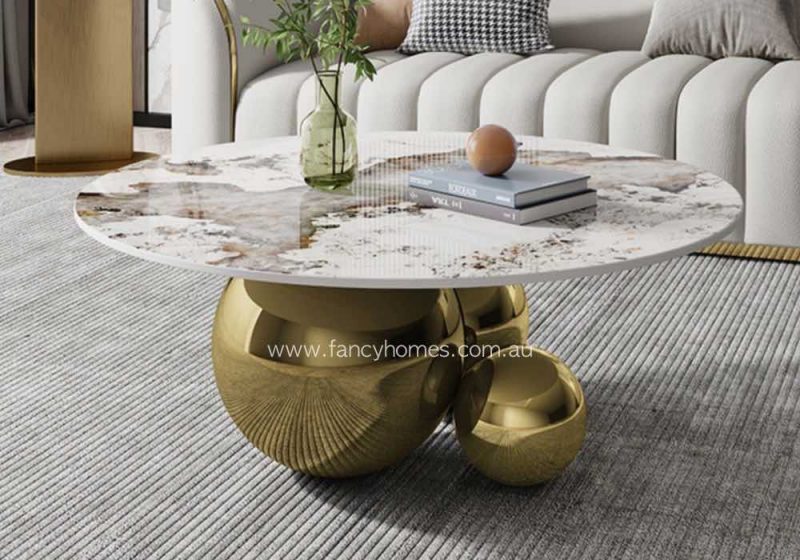 Fancy Homes Tristan Round Sintered Stone Dining Table Golden Base