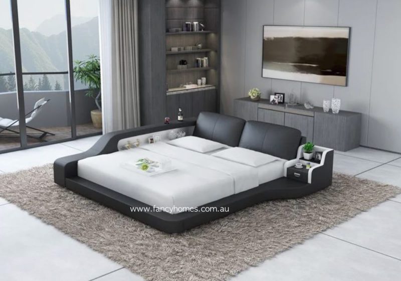 Fancy Homes Casper Contemporary Leather Bed Frame with In-built Bedside Table in Black and Pure White