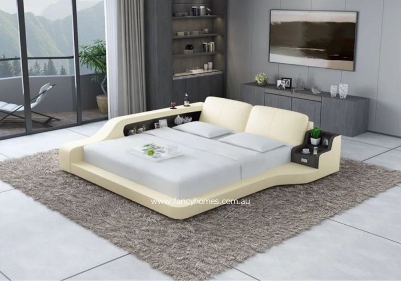 Fancy Homes Casper Contemporary Leather Bed Frame with In-built Bedside Table in Cream and Dark Brown