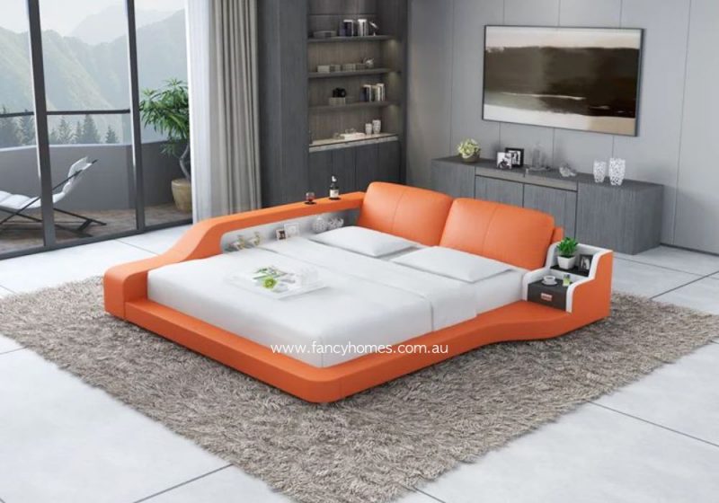 Fancy Homes Casper Contemporary Leather Bed Frame with In-built Bedside Table in Orange and Pure White