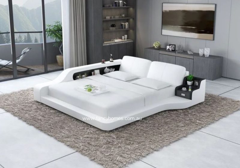Fancy Homes Casper Contemporary Leather Bed Frame with In-built Bedside Table in Pure White and Black