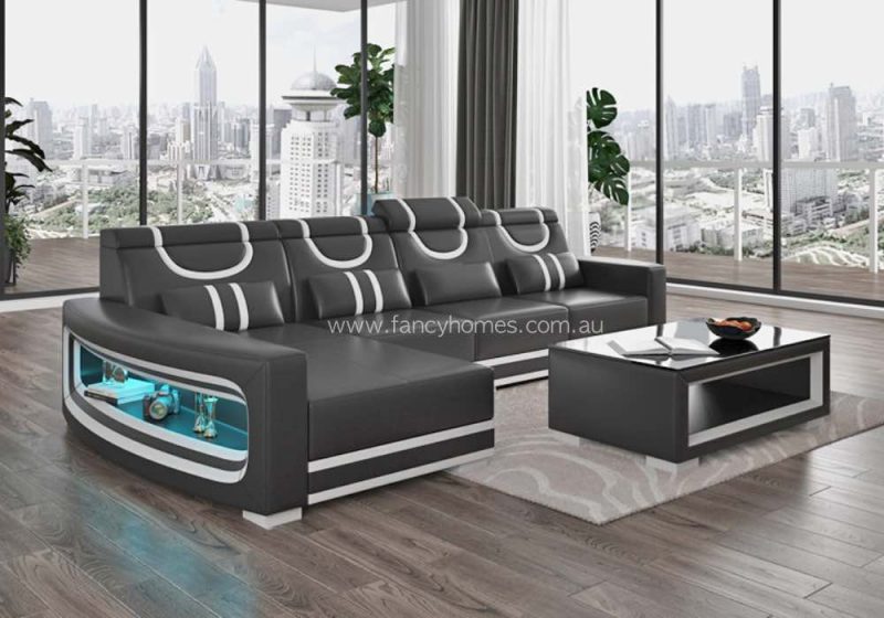 Fancy Homes Calista-C Chaise Leather Sofa in Black and Pure White