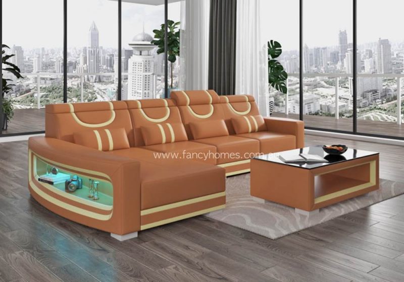 Fancy Homes Calista-C Chaise Leather Sofa Tan and Cream
