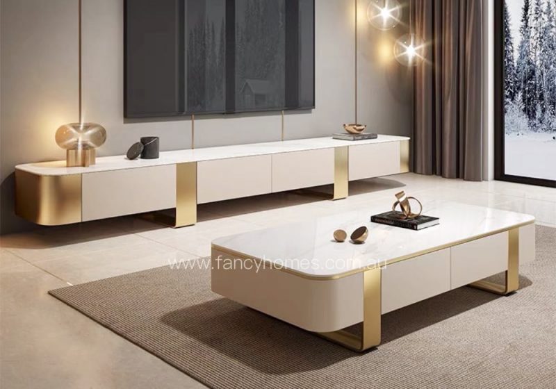 Fancy Homes Ambre Sintered Stone Rectangle Coffee Table and TV Unit Gold Base with Drawer Unit