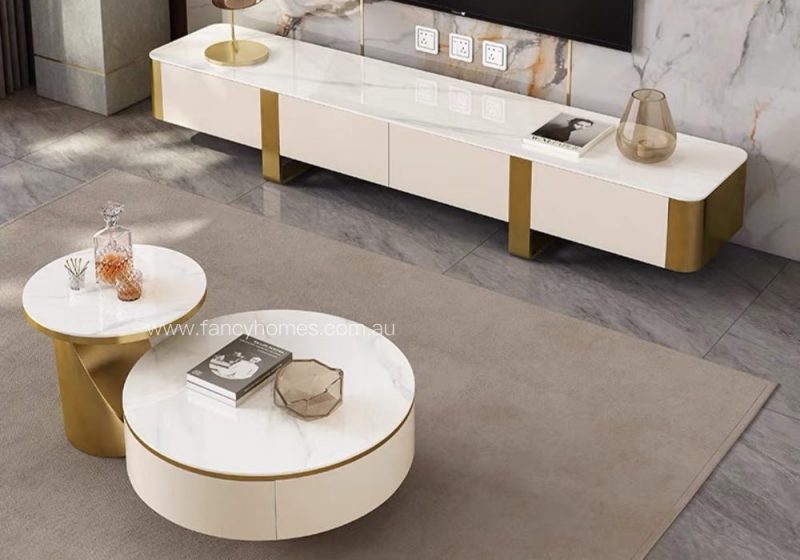 Ambre Sintered Stone Round Coffee Table and TV Unit Gold Base with Storages