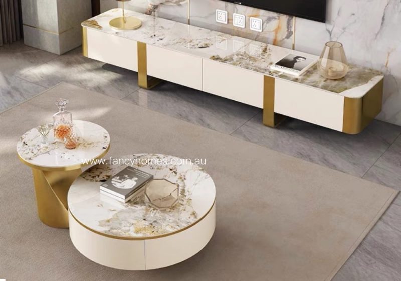 Ambre Sintered Stone Round Coffee Table and TV Unit Gold Base with Storages Pandora Top