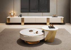 Ambre Sintered Stone Round Coffee Table and TV Unit Gold Base with Storages White Grey Top