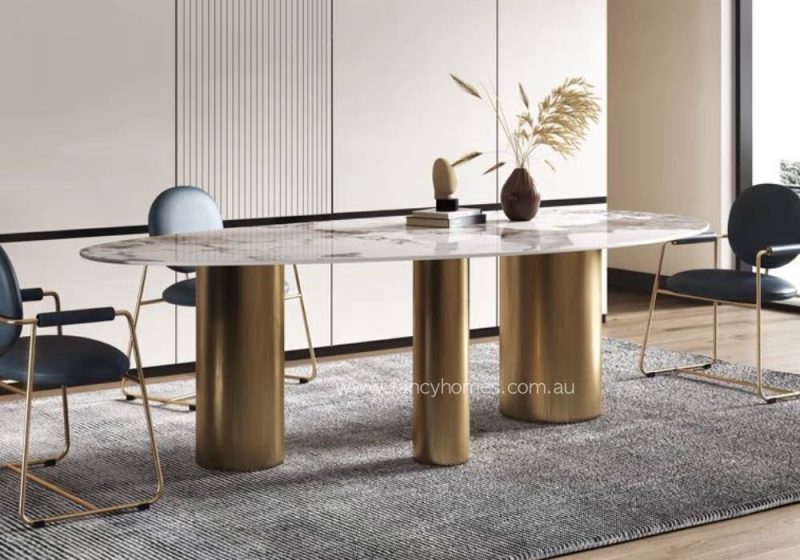 Fancy Homes Athena Sintered Stone Dining Table Gold Base and Oval Shape Top
