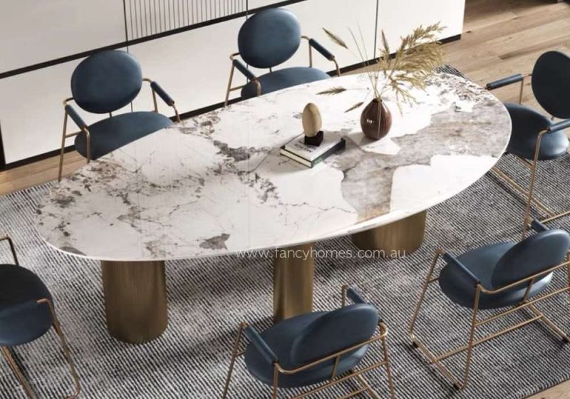 Fancy Homes Athena Sintered Stone Dining Table Gold Base and Oval Shape Table Top