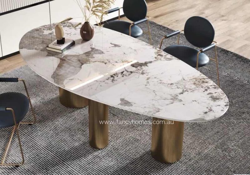 Fancy Homes Athena Oval Shape Sintered Stone Top with Gold Colour Stainless Steel Base