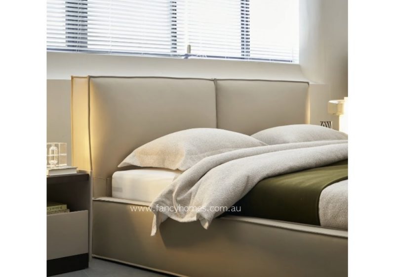 Fancy Homes Cube Contemporary Leather Bed Frame Leather Beds Online Beige Colour Sleek Design High Density Foam Bed Head