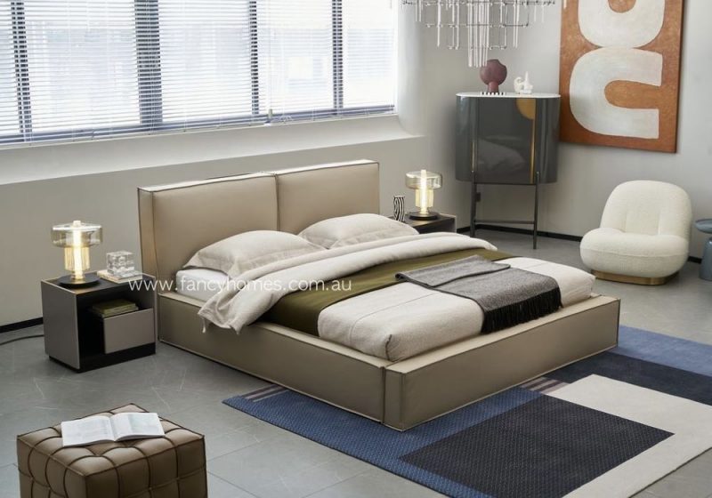 Fancy Homes Cube Sleek Contemporary Leather Bed Frame Leather Beds Online Beige Colour High Density Foam Bed Head