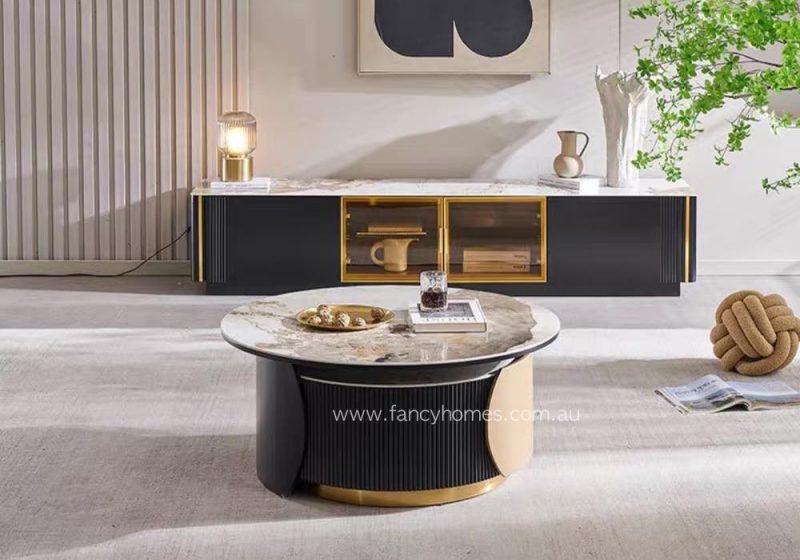 Fancy Homes Enzo Sintered Stone Coffee Table TV Unit Set Nesting Coffee Table Black and Gold Colour