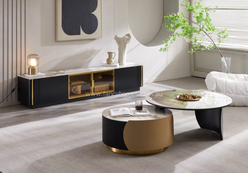 Fancy Homes Enzo Sintered Stone Coffee Table TV Unit Set with Nesting Coffee Tables and Storage TV Unit Black and Gold Colour