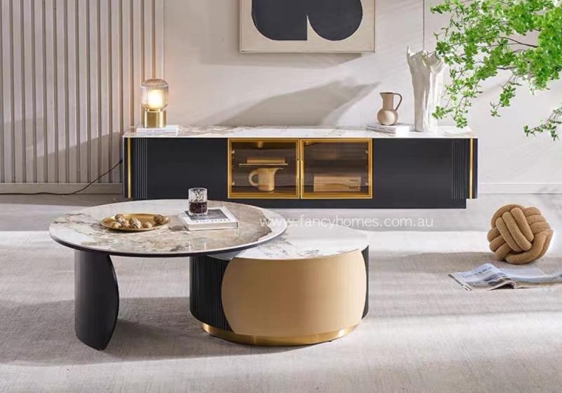 Fancy Homes Enzo Sintered Stone Coffee Table TV Unit Set Black and Gold Colour