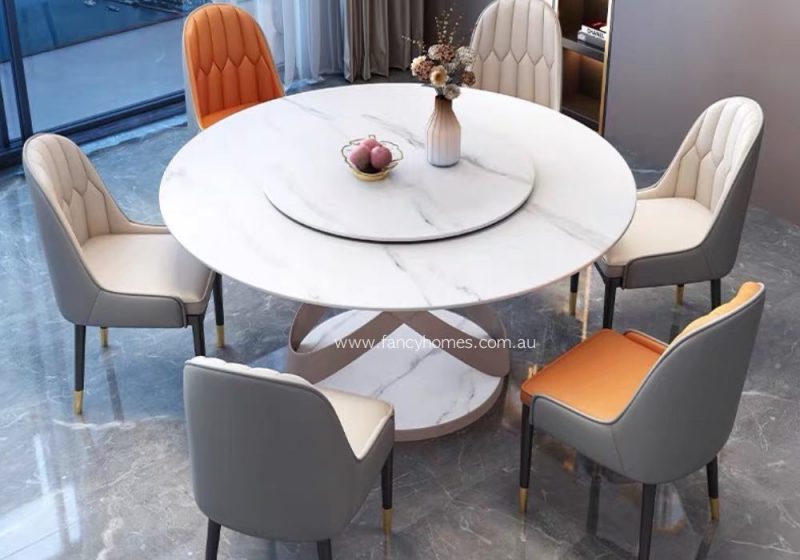 Fancy Homes Florian Sintered Stone Round Dining Table White Grey Top with Rose Pink Brown Base